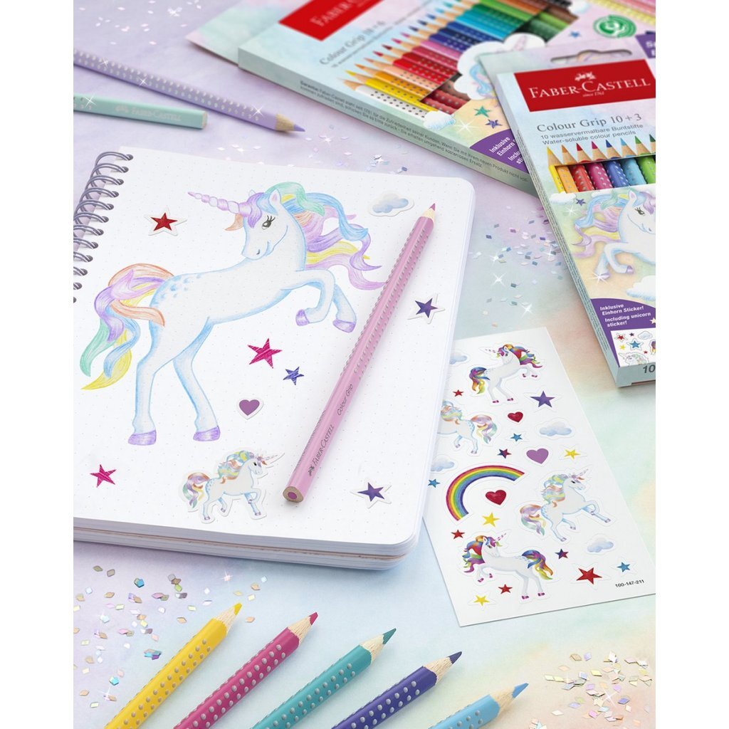 Faber Castell Fc-201543 Colour Grip Kleurpotloden 18 Stuks + 6 Sparkle Pastel Kleurpotloden En Unicorn Stickers