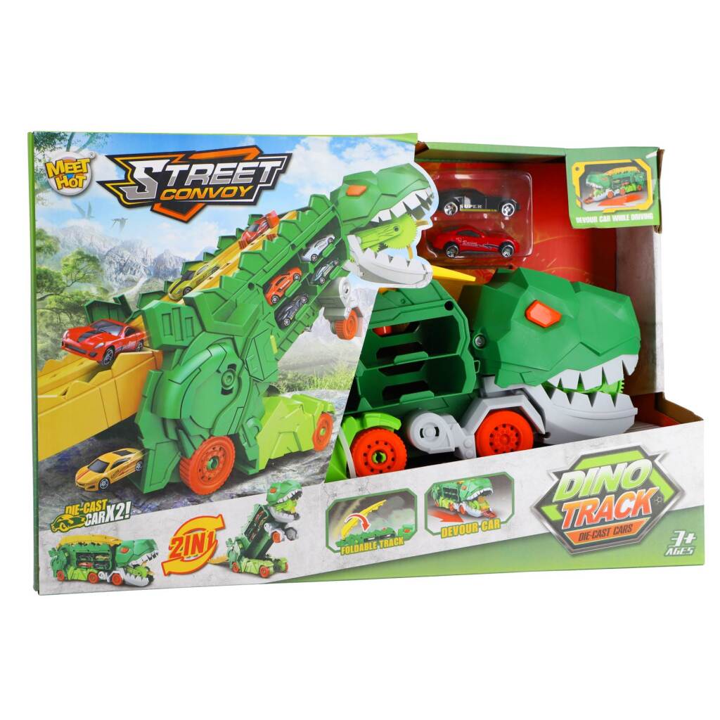 Overige Merken Transporter Dino + 2 Die-Cast Voertuigen Assorti
